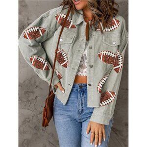 Football Sequin Button Up Dropped Shoulder Jacket